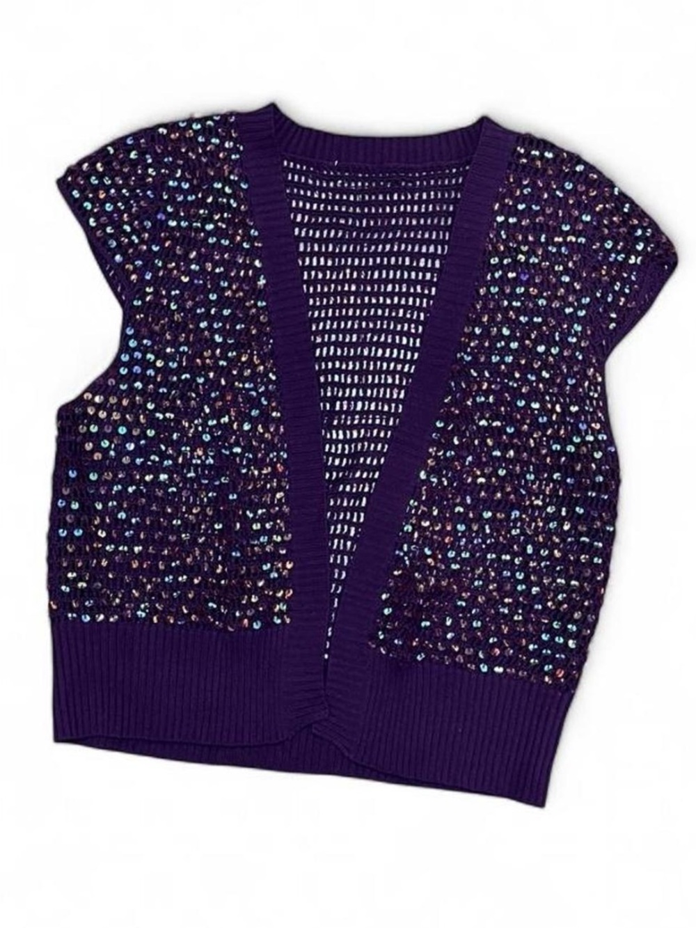 ' Purple Sequin Open-Front Knit Cardigan